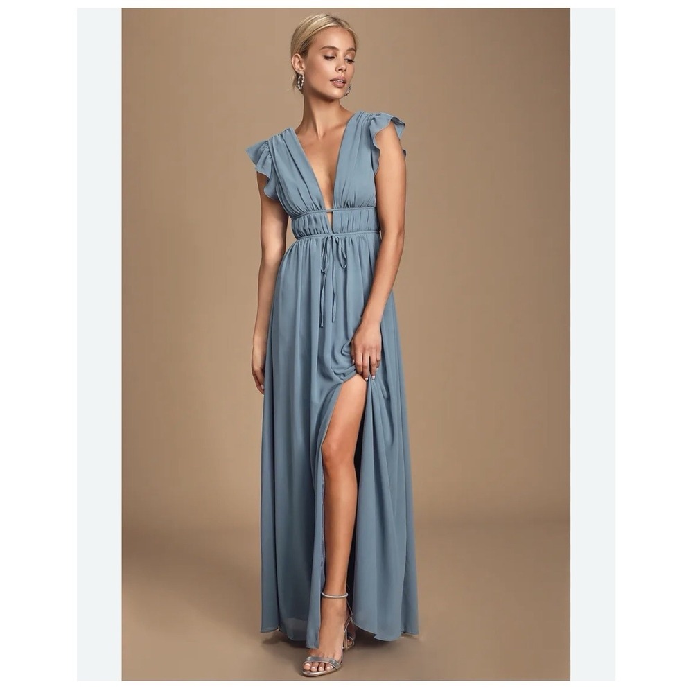 Lulu's Slate Blue V-Neck Maxi Dress with Flutter Sleeves